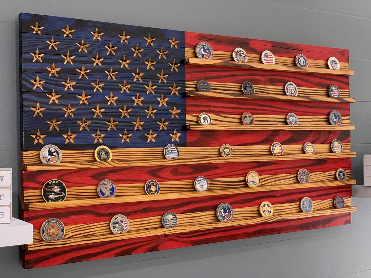 Challenge Coin Display Rack Holder - Rustic American Flag