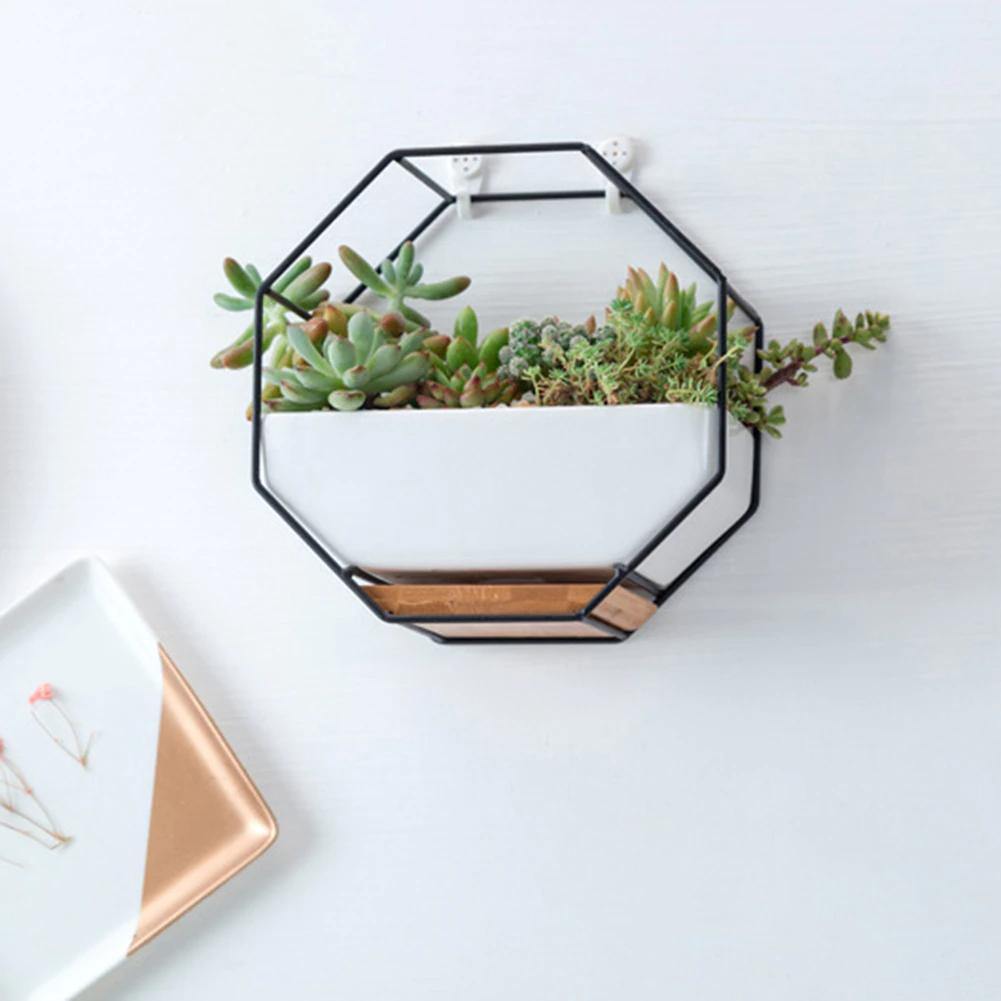 Geometric Ceramic Wall Planter with Octagonal Iron Frame