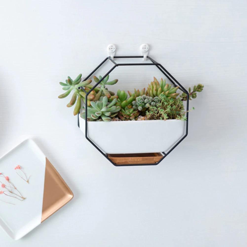 Geometric Ceramic Wall Planter with Octagonal Iron Frame