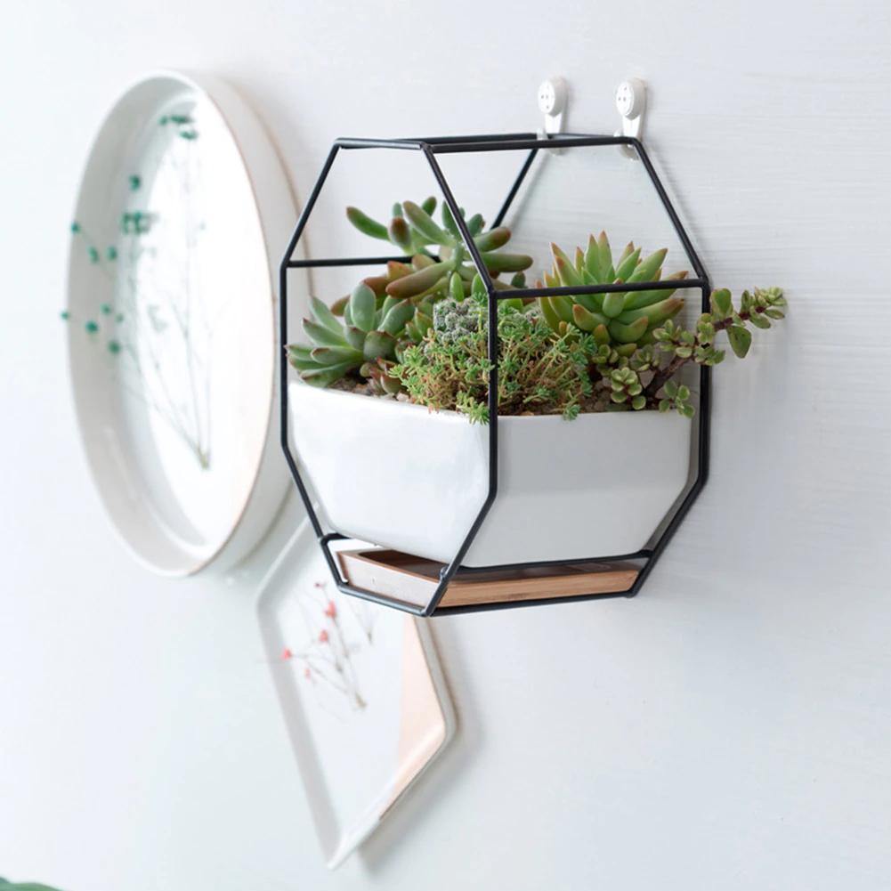 Geometric Ceramic Wall Planter with Octagonal Iron Frame