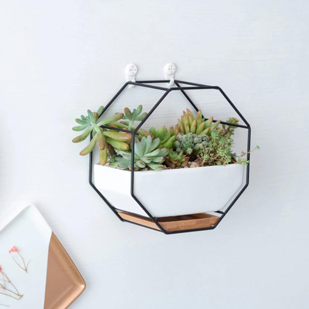 Geometric Ceramic Wall Planter with Octagonal Iron Frame