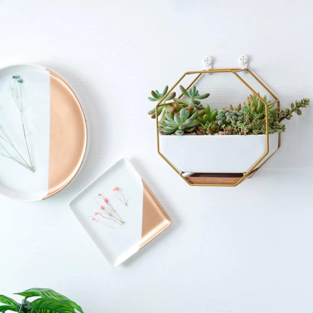 Geometric Ceramic Wall Planter with Octagonal Iron Frame