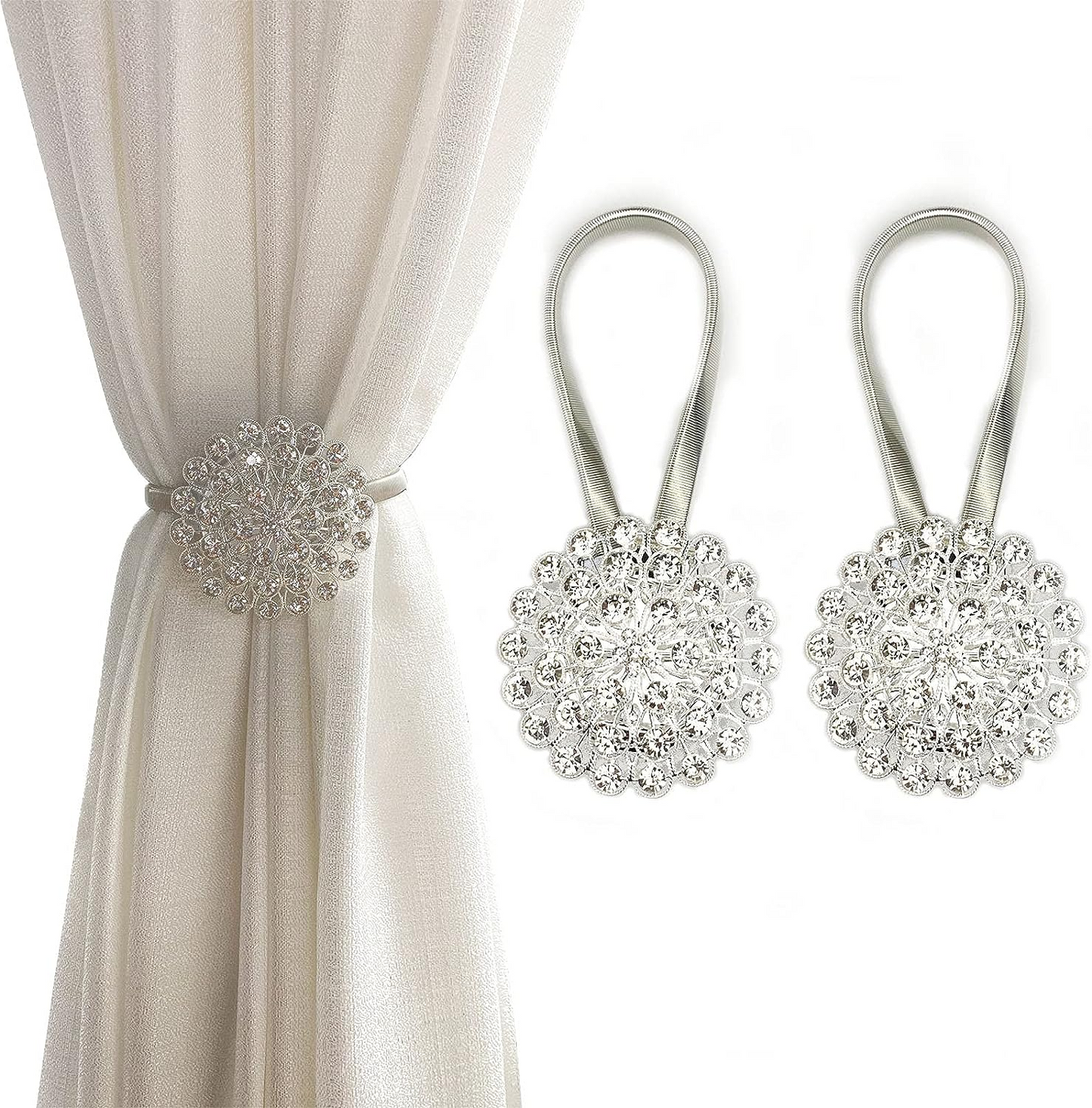 2 Pack Sparkling Crystal Flower Curtain Tiebacks