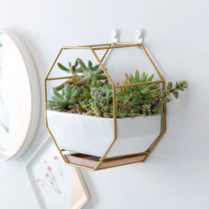 Geometric Ceramic Wall Planter with Octagonal Iron Frame