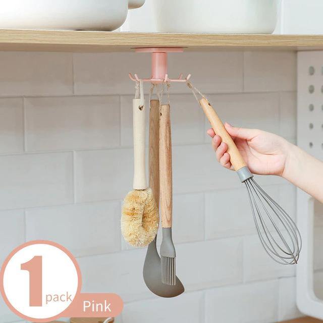 Under-Cabinet Spinning Kitchen Utensil Storage 6-Hook Hanger