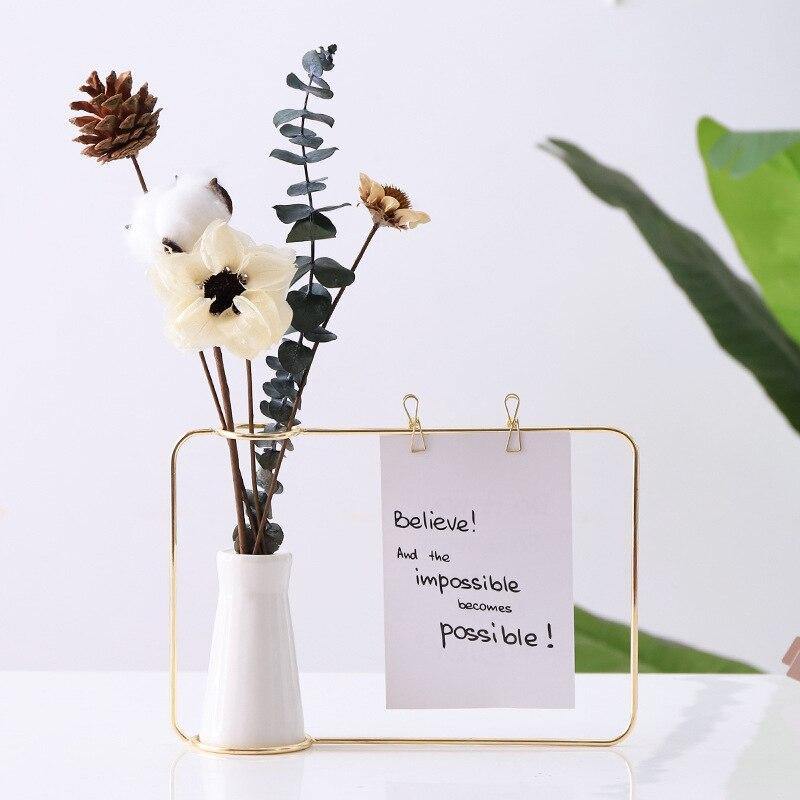 Iron Photo Display Frame with Ceramic Vase and Clips