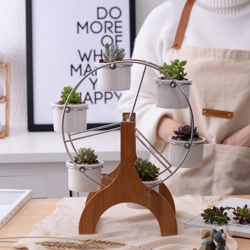 Wooden Ferris Wheel with Ceramic Succulent Planters