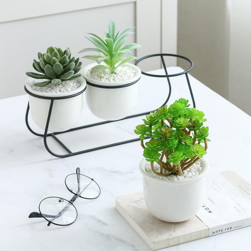 White Ceramic Succulent Planter Trio with Metal Sleigh Stand