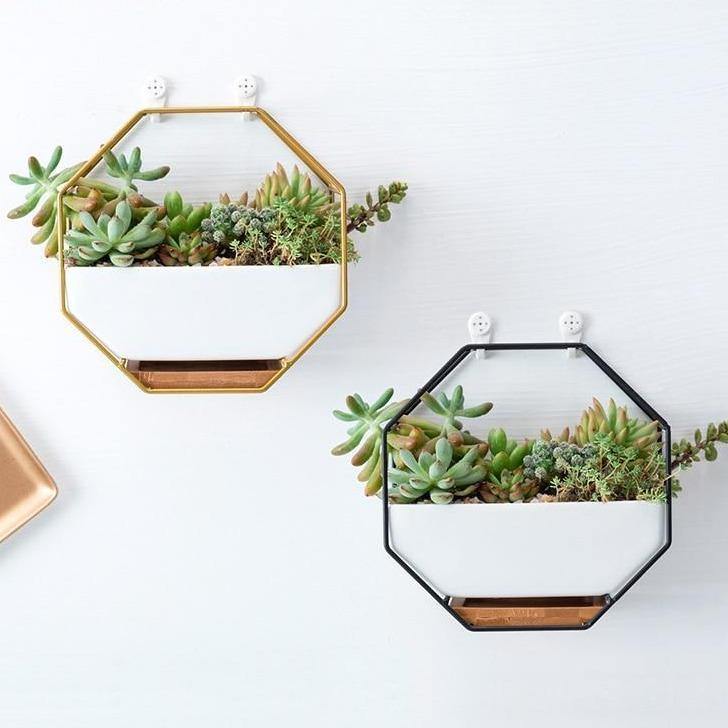 Geometric Ceramic Wall Planter with Octagonal Iron Frame