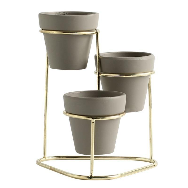 Tiered Ceramic Planters with Metal Stand