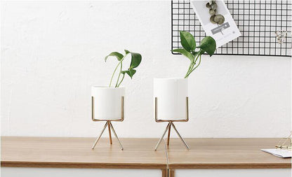 Short Tabletop Ceramic Planter with Geometric Metal Stand