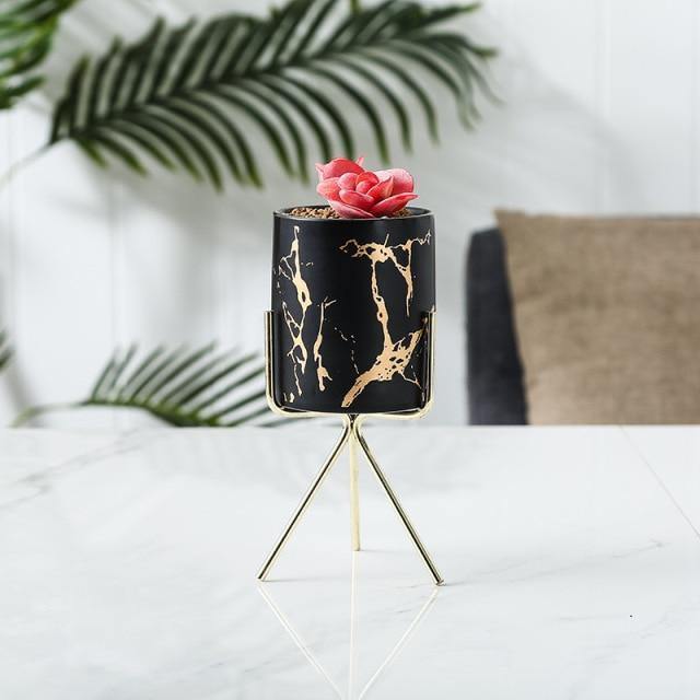 Short Tabletop Marbled Ceramic Planter with Geometric Metal Stand