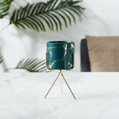 Short Tabletop Marbled Ceramic Planter with Geometric Metal Stand