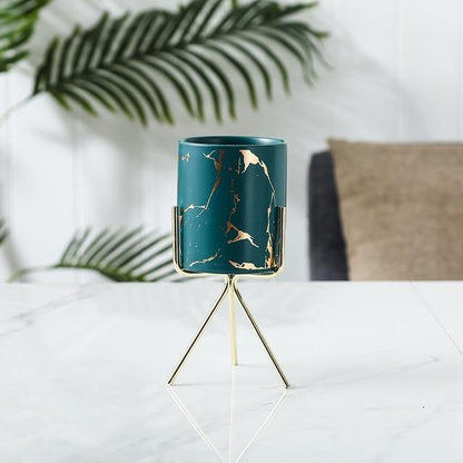 Short Tabletop Marbled Ceramic Planter with Geometric Metal Stand