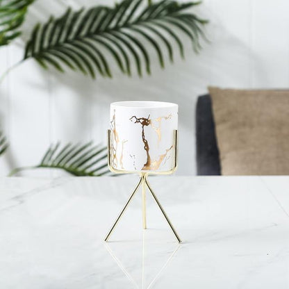 Short Tabletop Marbled Ceramic Planter with Geometric Metal Stand