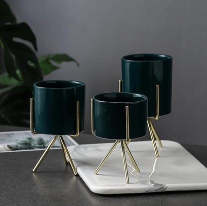 Short Tabletop Ceramic Planter with Geometric Metal Stand