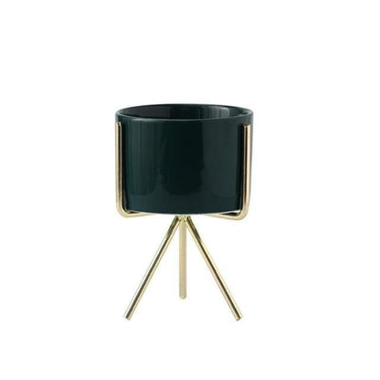 Short Tabletop Ceramic Planter with Geometric Metal Stand