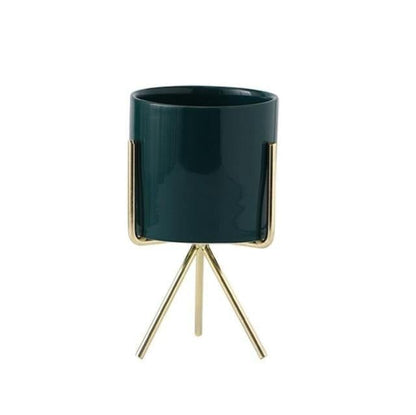 Short Tabletop Ceramic Planter with Geometric Metal Stand