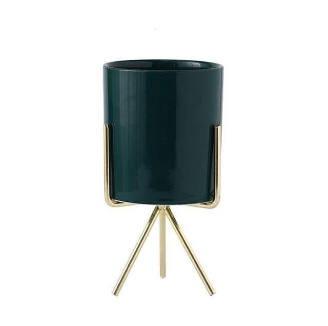 Short Tabletop Ceramic Planter with Geometric Metal Stand