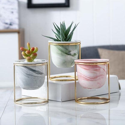 Marbled Ceramic Planter with Gold Metal Plant Stand