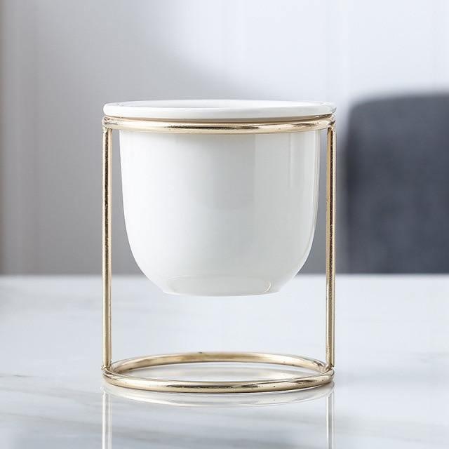 Marbled Ceramic Planter with Gold Metal Plant Stand