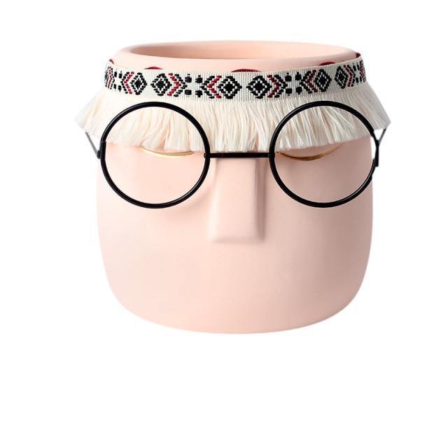 Ceramic Abstract Sleeping Face Planter with Headband and Glasses